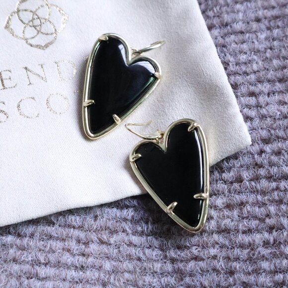 New. Kendra Scott Ansley Heart Gold Black Obsidian Earrings - Picture 2 of 2